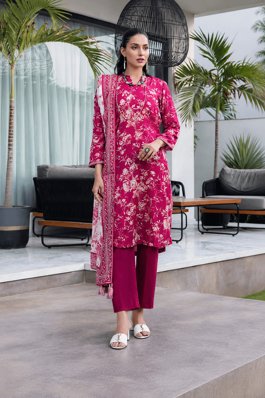 3 Piece Unstitched Printed Lawn Suit – Maroon Floral Design