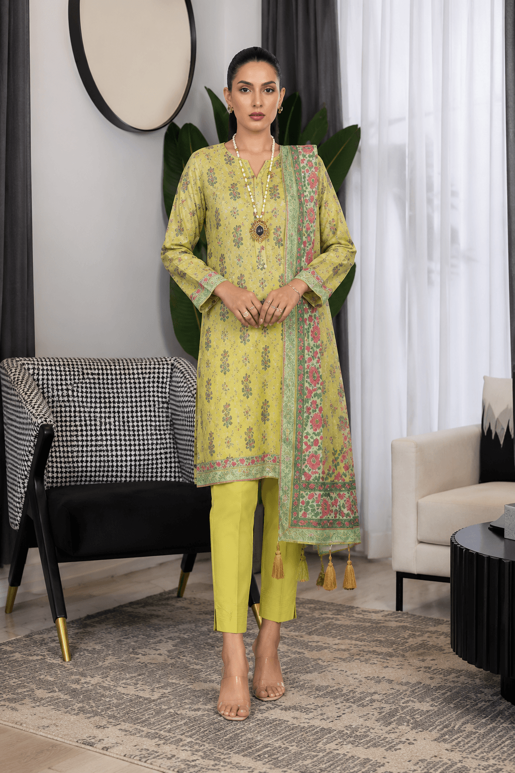 3 Piece Printed Lawn Suit – Lime Green Floral