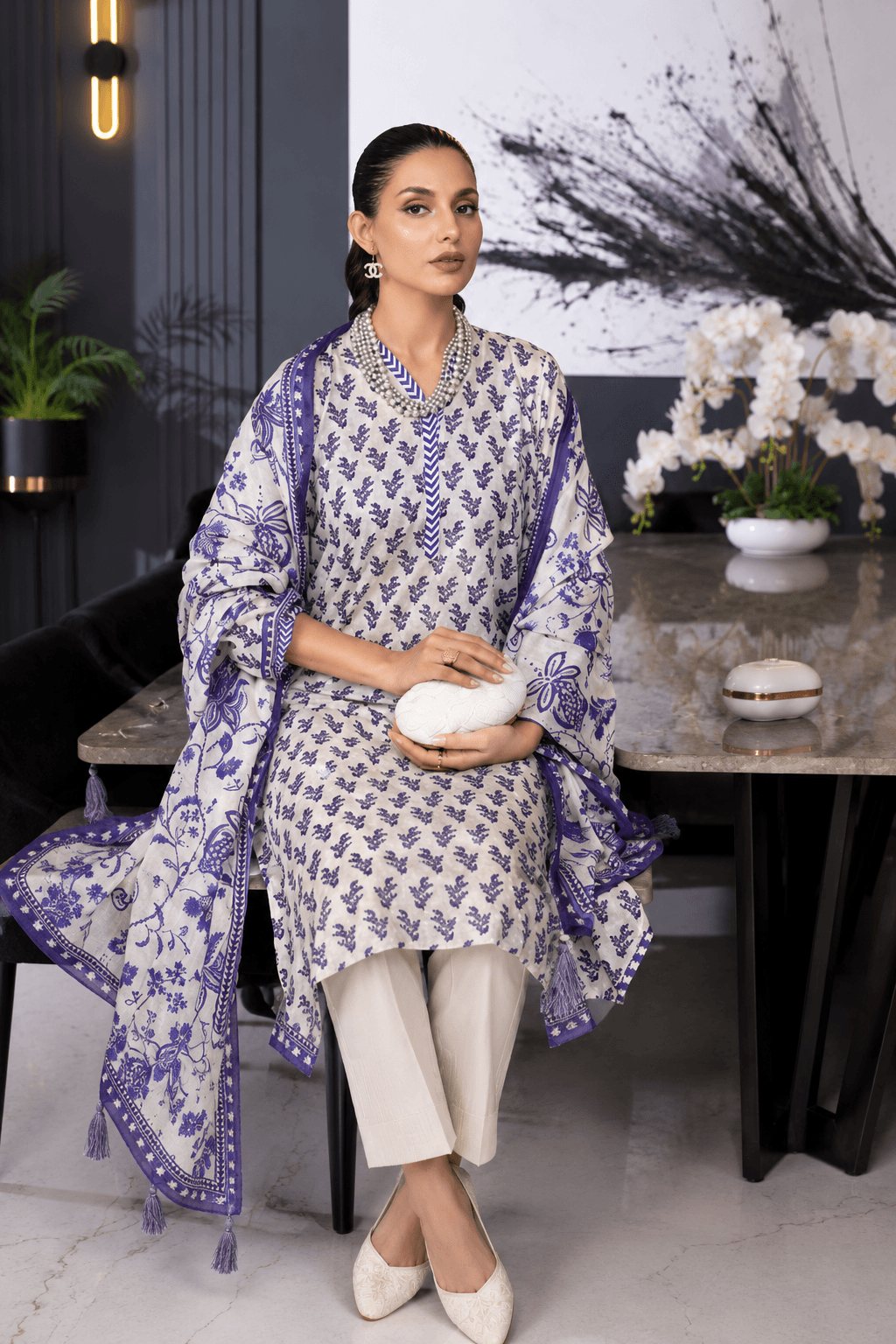 3 Piece Printed Lawn Suit – White & Royal Purple Floral