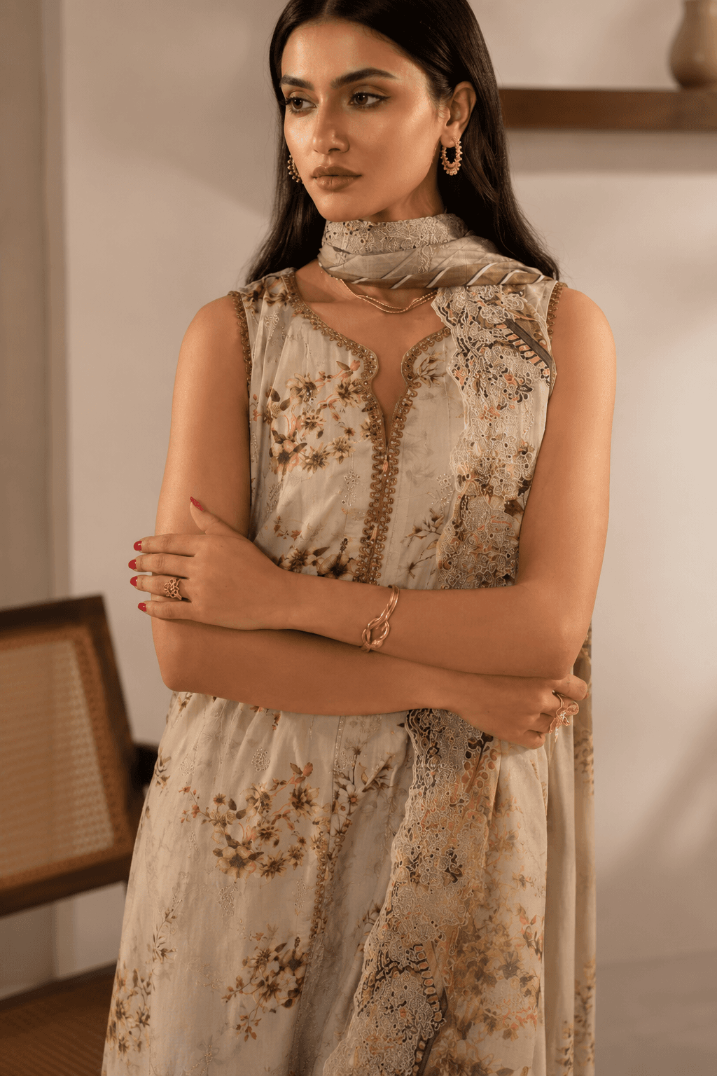 Firdous Chikankari Embroidered Vol-2 | Digital Printed 3 Piece Lawn Suit – Light Olive Grey