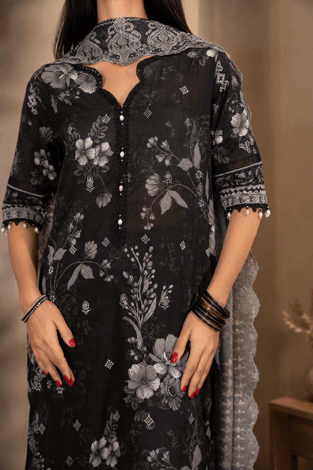 3 Piece Stitched Lawn Suit Black Floral Print