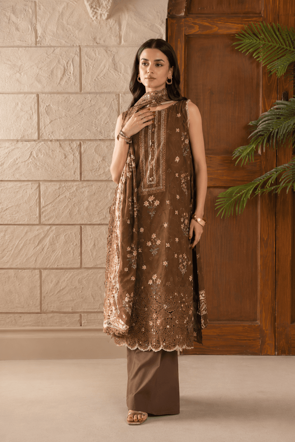3 Piece Stitched Lawn Suit Brown Floral Embroidered Print