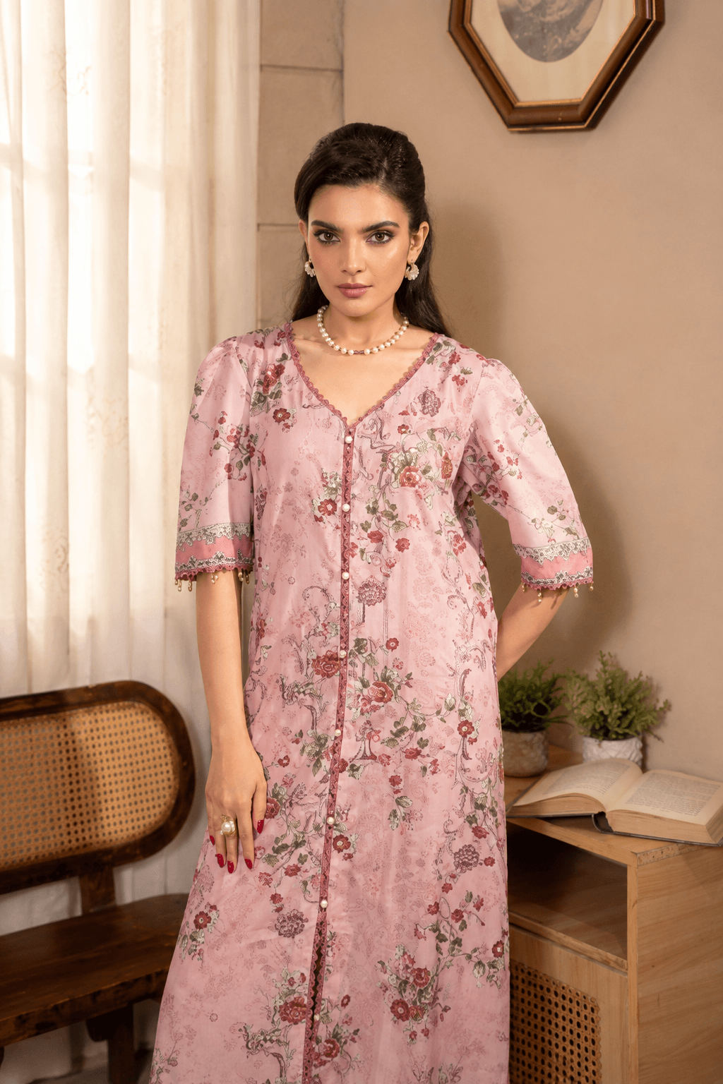 3 Piece Stitched Lawn Suit Pink Floral Print