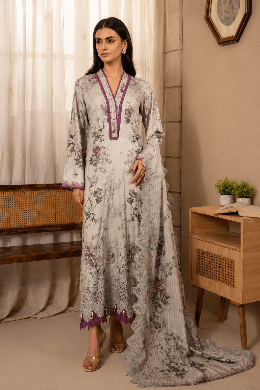 3 Piece Stitched Lawn Suit Off White Floral Print