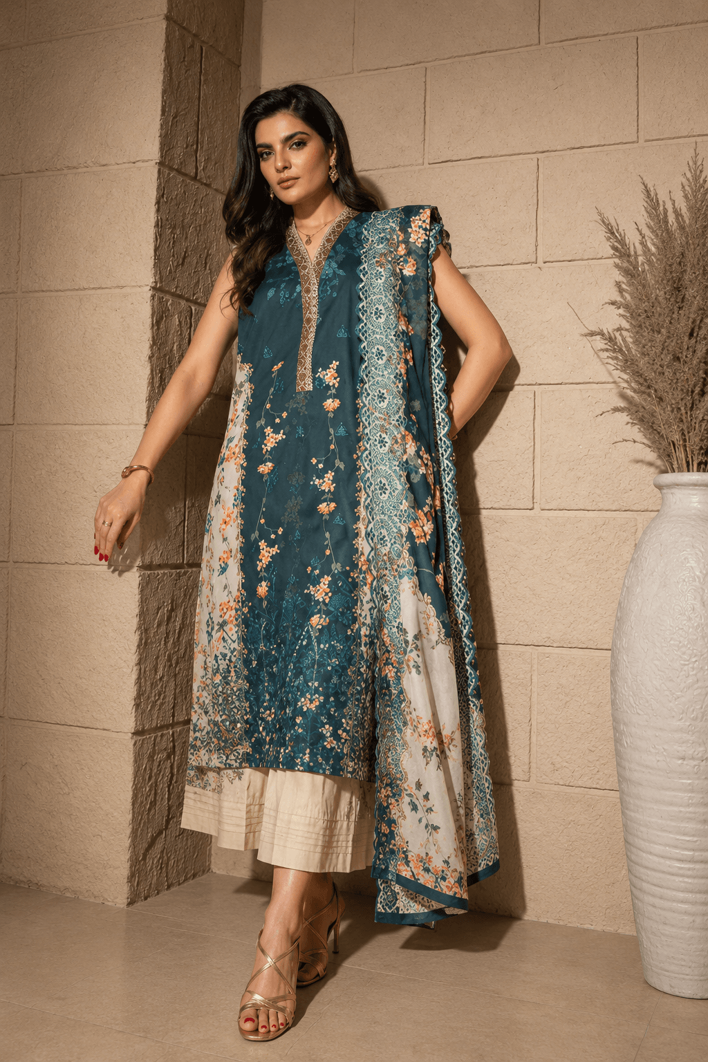 Teal Floral Printed 3 Piece Stitched Suit