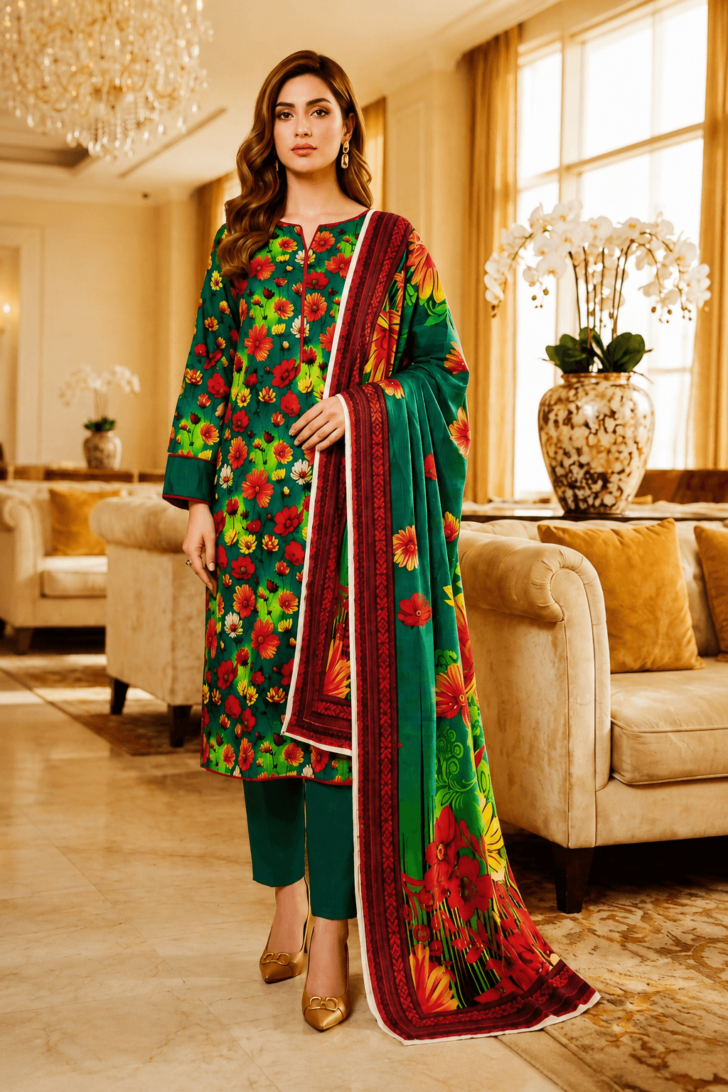 3 Piece Unstitched Green Floral Printed Lawn Suit
