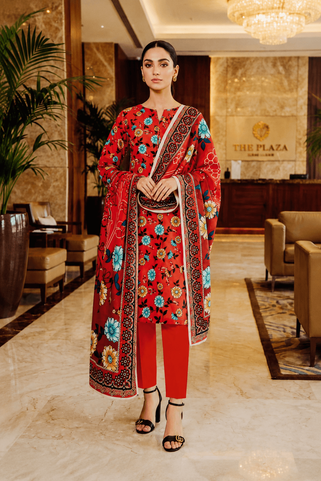 3 Piece Unstitched Red Floral Printed Lawn Suit