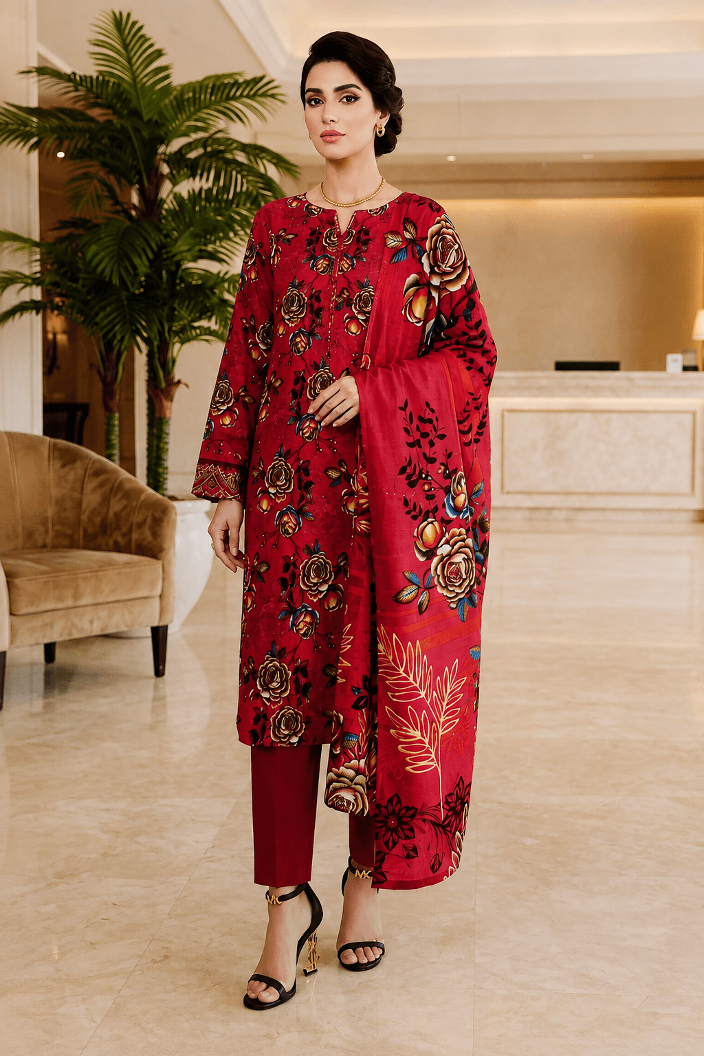 3 Piece Unstitched Maroon Floral Printed Lawn Suit