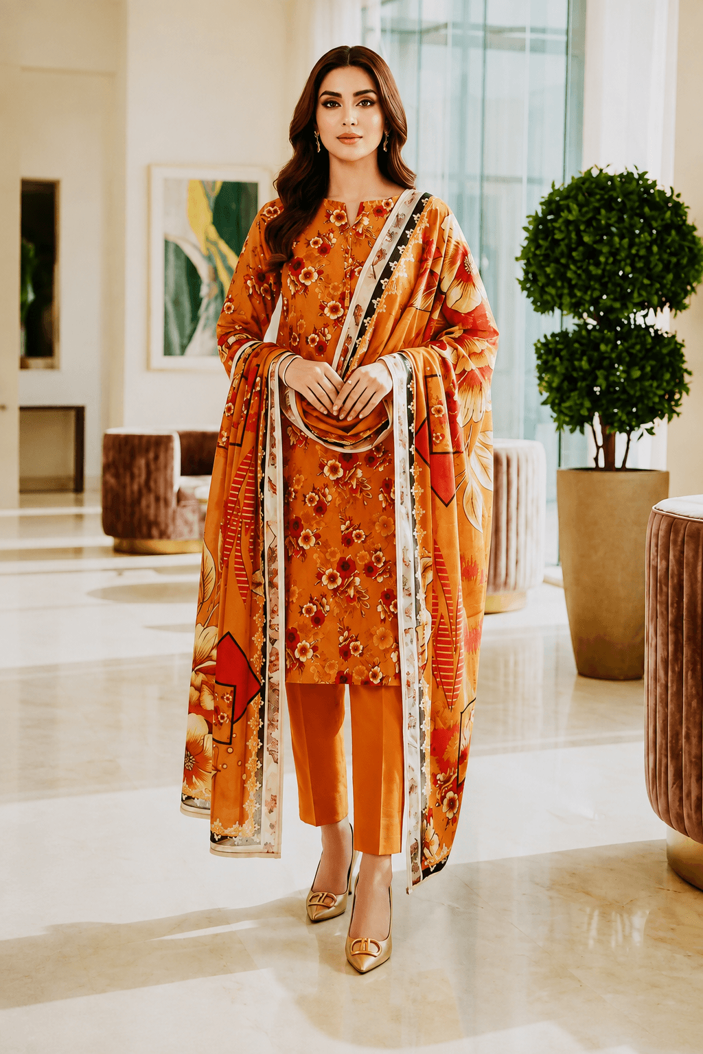 3 Piece Unstitched Orange Floral Printed Lawn Suit