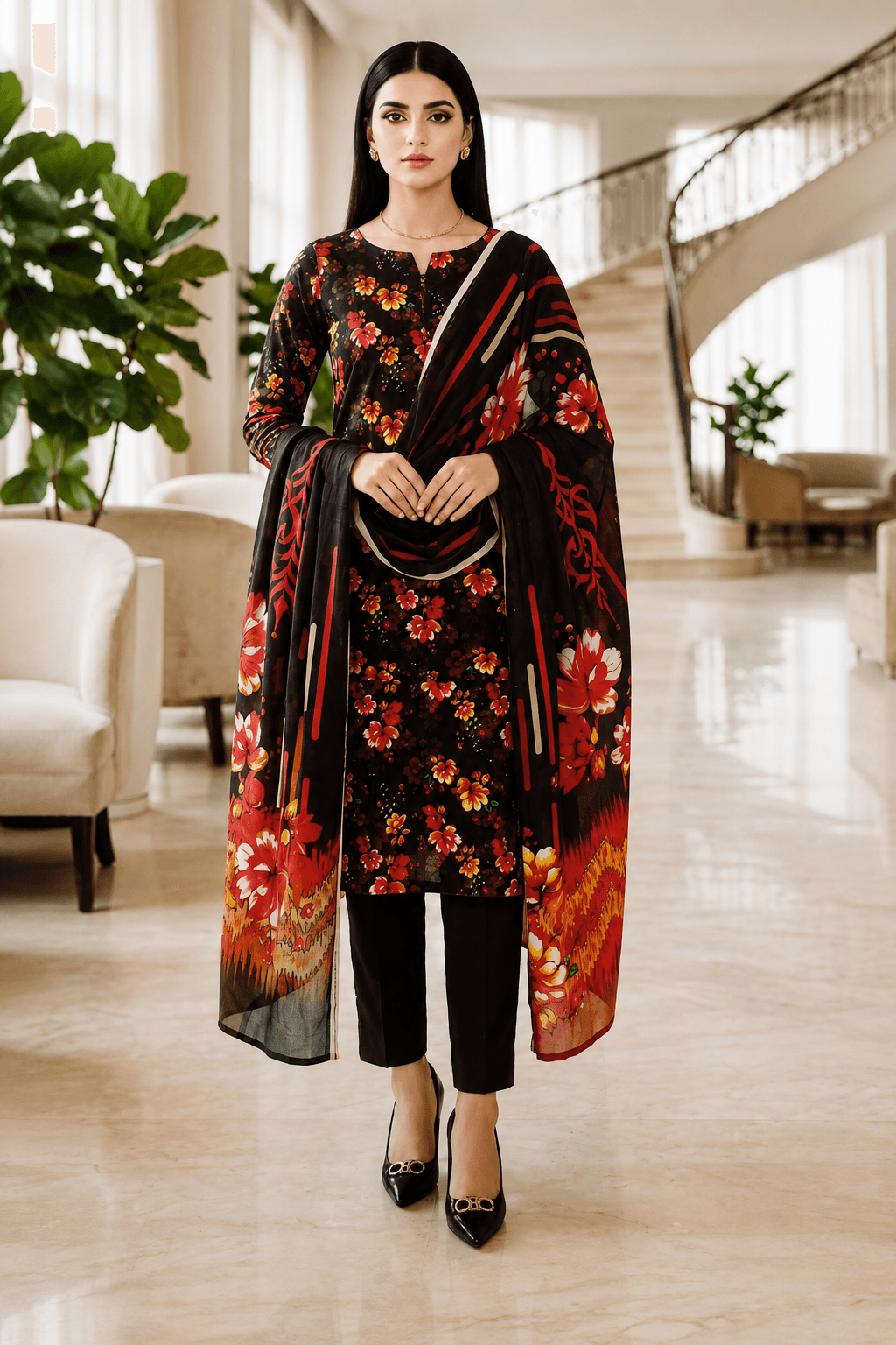 3 Piece Unstitched Black Floral Printed Lawn Suit