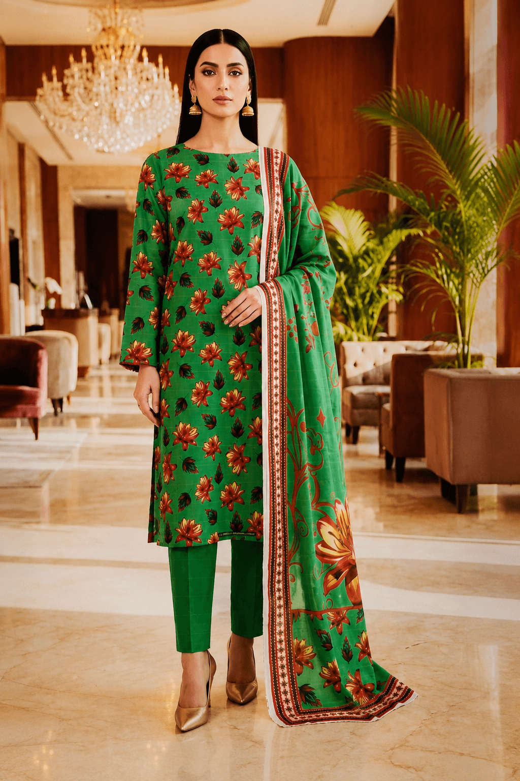 3 Piece Unstitched Green Floral Lawn Suit