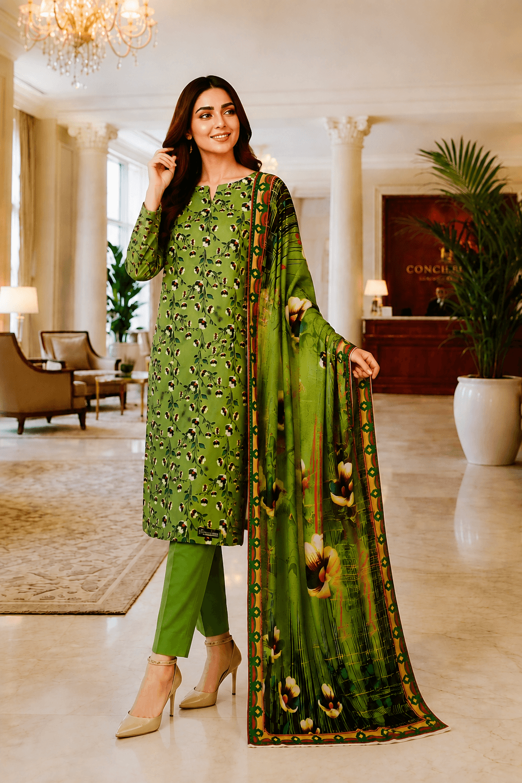 3 Piece Light Green Floral Printed Lawn Suit
