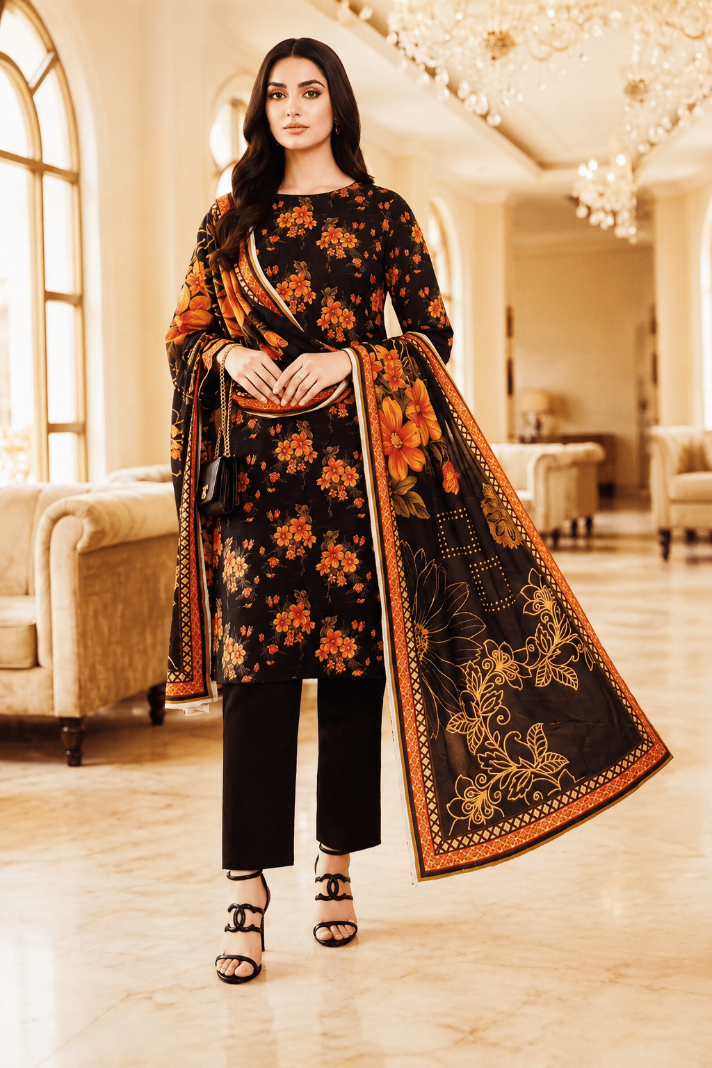 Black Floral Elegance 3 Piece Lawn Suit