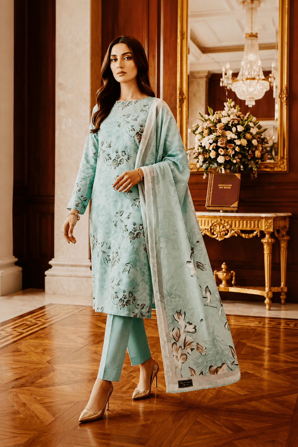 Sky Blue Floral 3 Piece Unstitched Lawn Suit