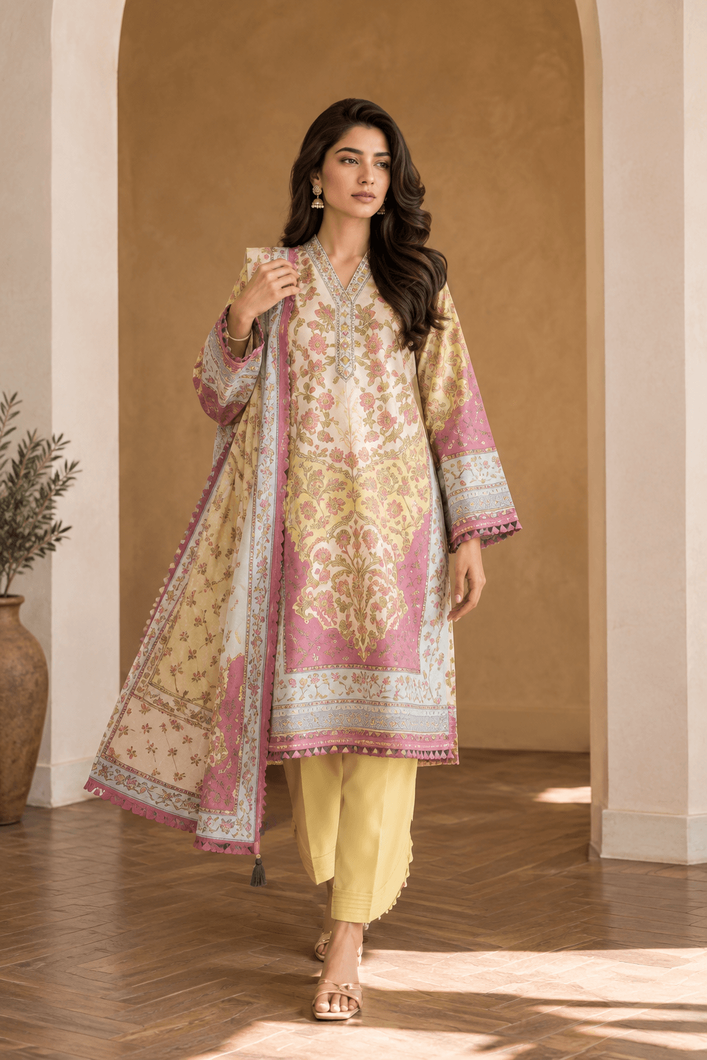 3 Piece Unstitched Cream Digital Printed Cotton Suit