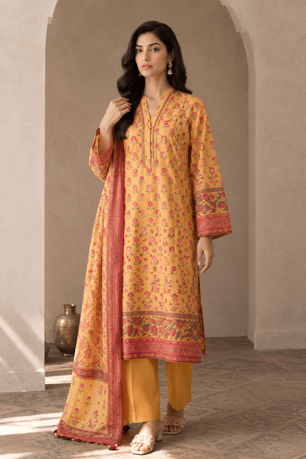 3 Piece Unstitched Mustard Digital Printed Cotton Suit