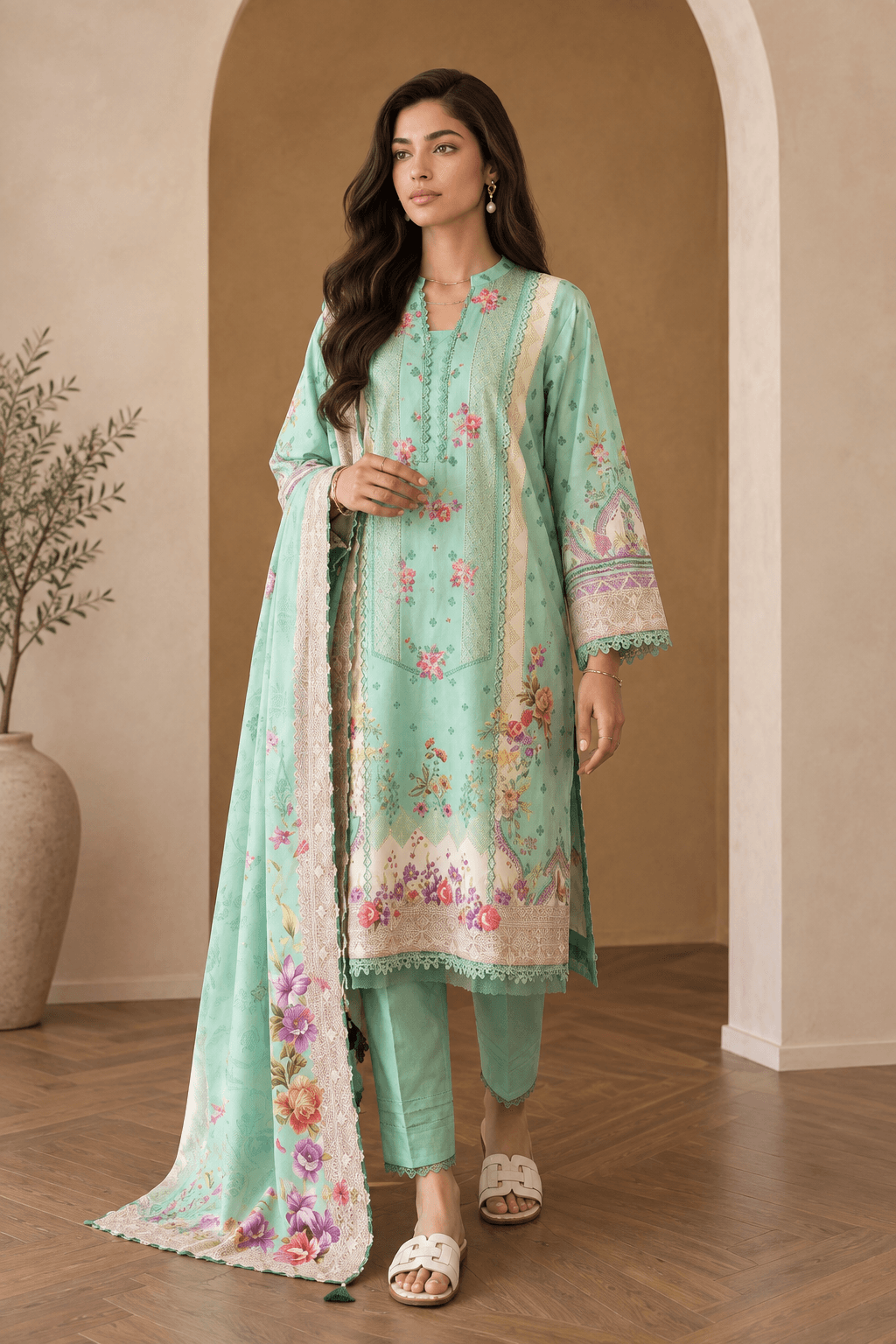 3 Piece Unstitched Mint Green Digital Printed Cotton Suit