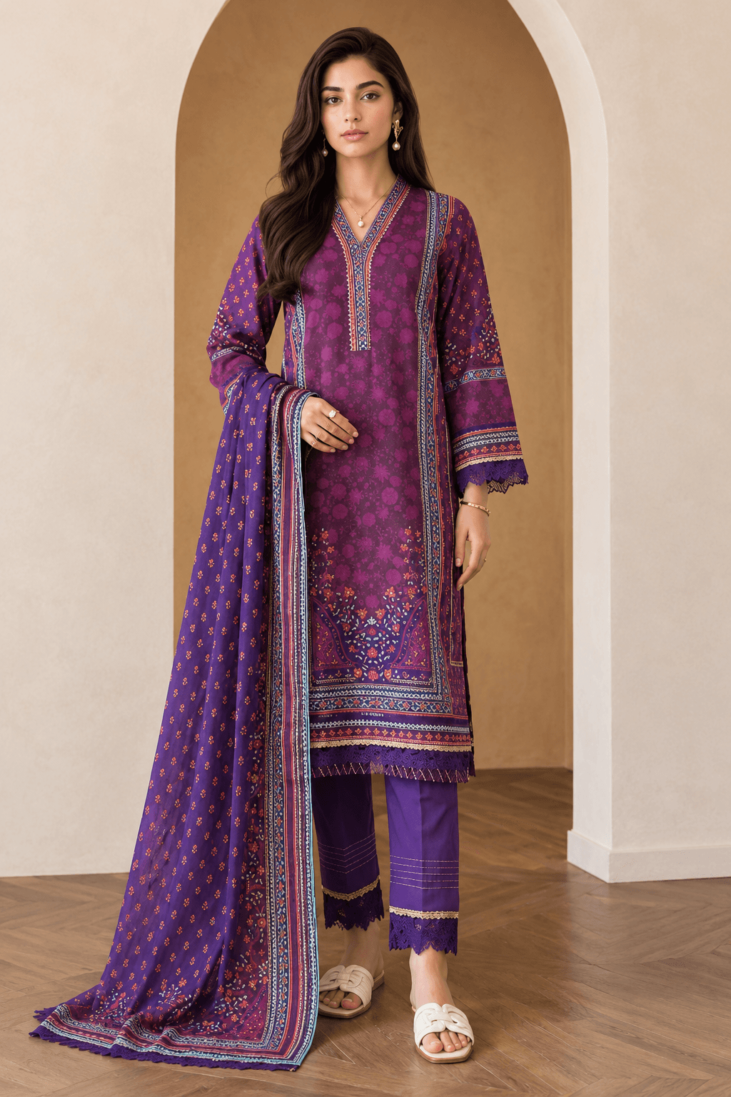 3 Piece Unstitched Purple Digital Printed Cotton Suit