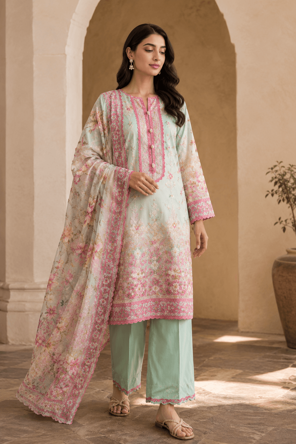 3 Piece Unstitched Mint Green Floral Printed Cotton Suit