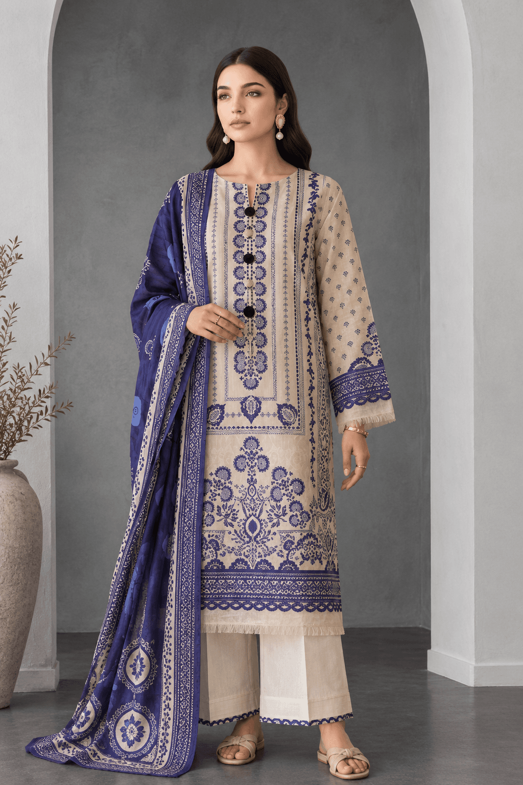 3 Piece Unstitched Beige Blue Digital Printed Cotton Suit