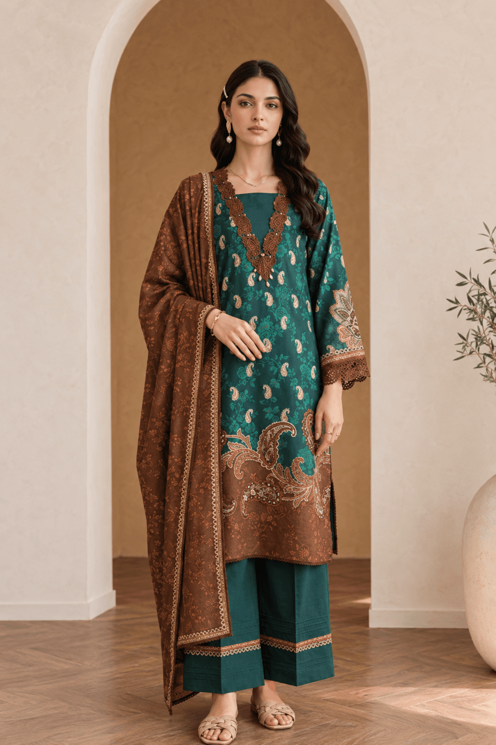 3 Piece Unstitched Dark Teal Digital Printed Cotton Suit