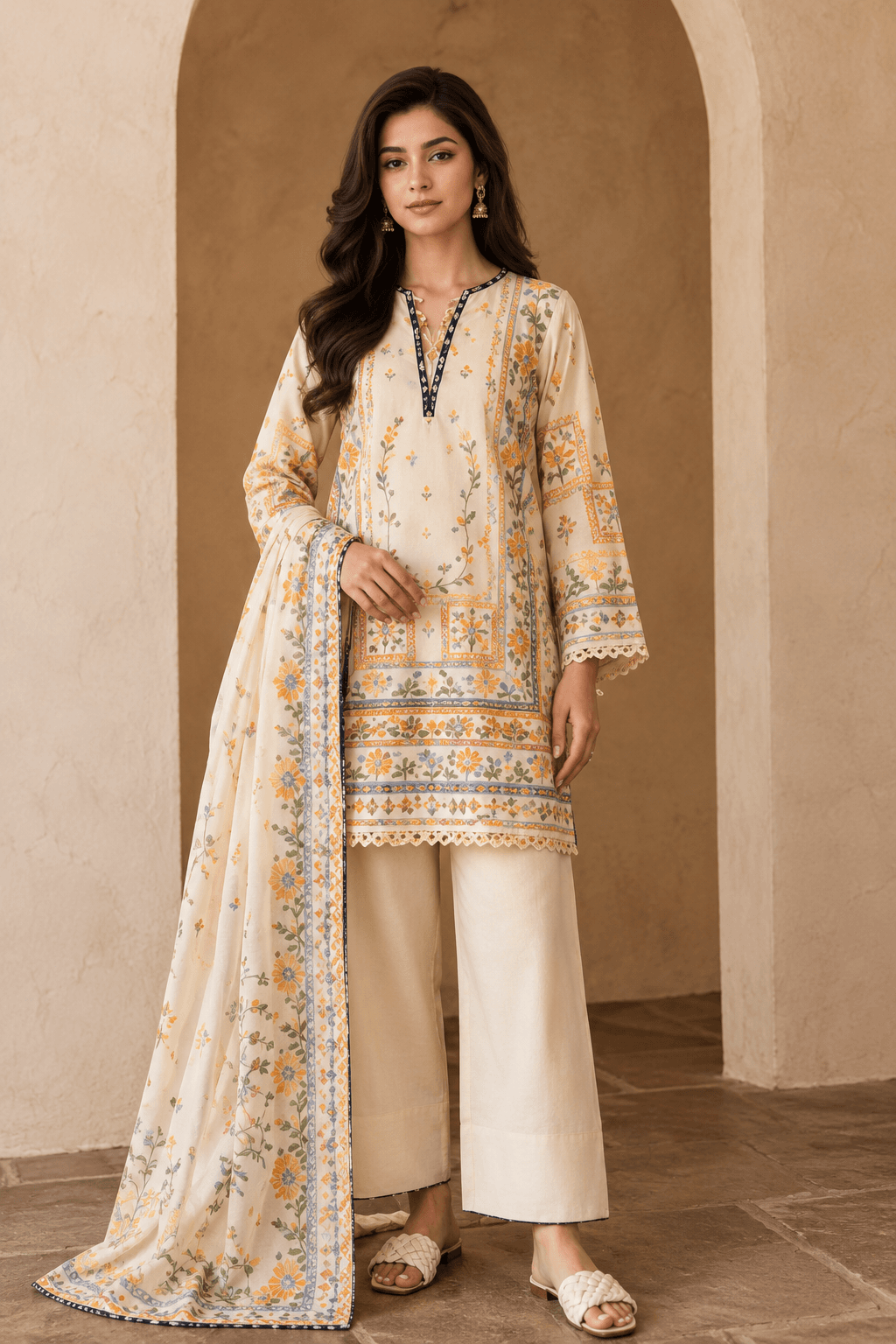 3 Piece Unstitched Cream Floral Digital Printed Cotton Suit