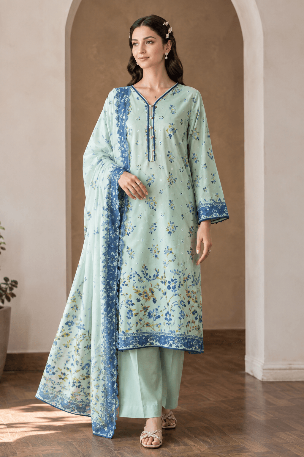3 Piece Unstitched Mint Green Floral Digital Printed Cotton Suit
