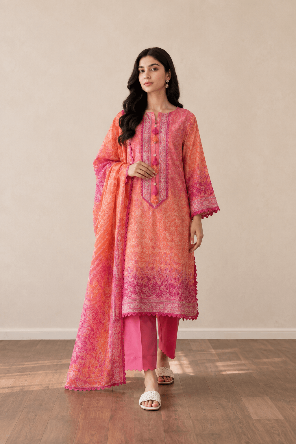 3 Piece Unstitched Coral Pink Digital Printed Cotton Suit