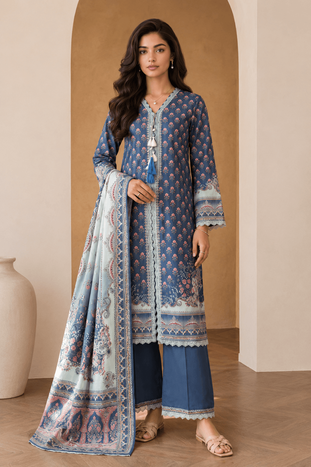 3 Piece Unstitched Navy Blue Digital Printed Cotton Suit