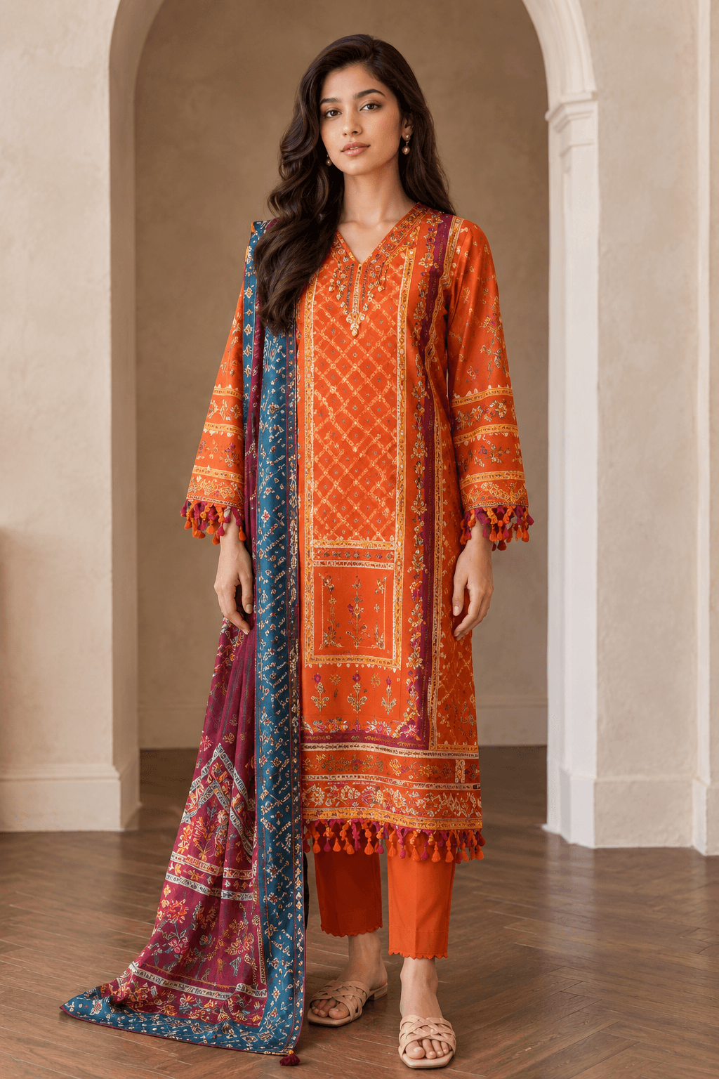 3 Piece Unstitched Orange Digital Printed Cotton Suit