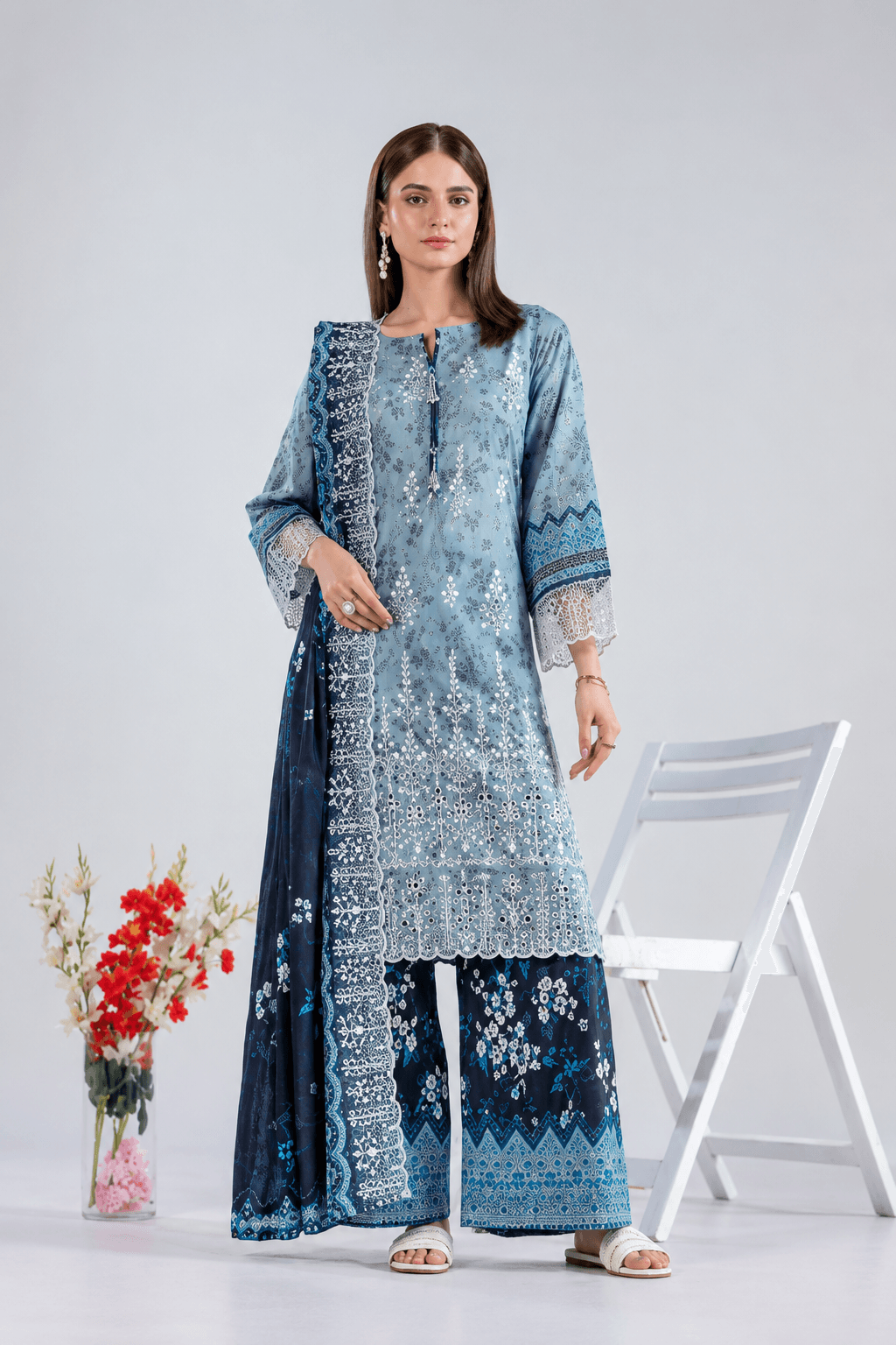 3 Piece Ready to Wear Dusty Blue Embroidered Lawn Suit
