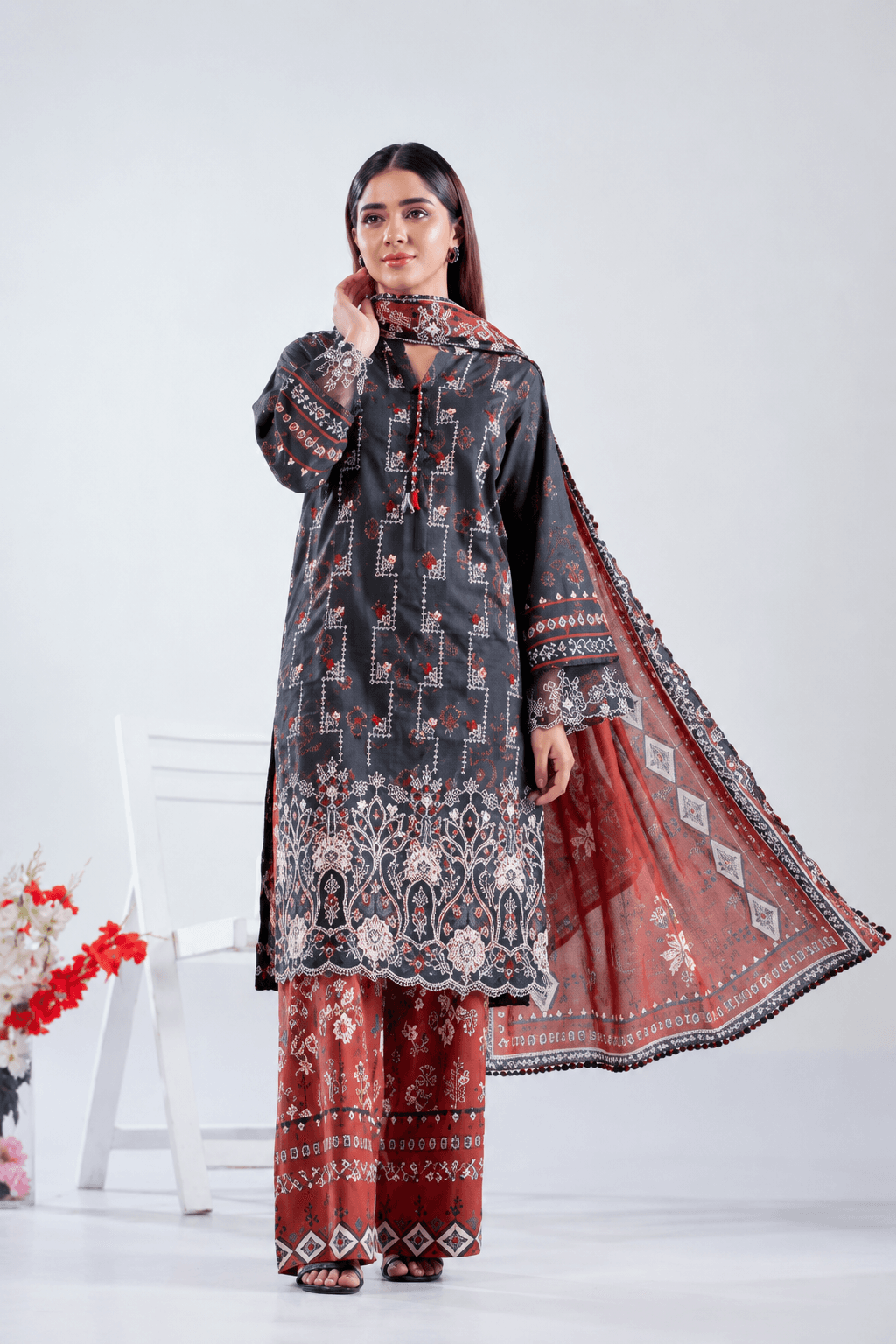 3 Piece Charcoal Black Printed Lawn Suit – Ready to Wear