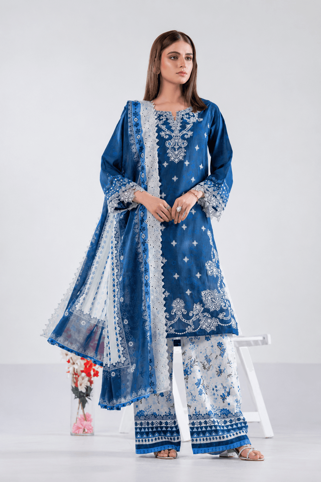 3 Piece Royal Blue Embroidered Lawn Suit – Ready to Wear
