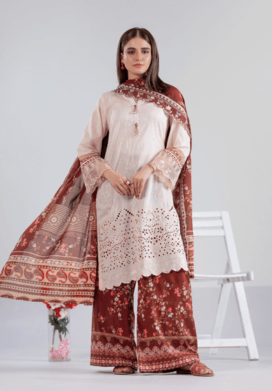 3 Piece Stitched Cream Embroidered Lawn Suit
