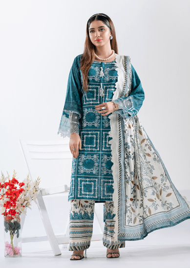 3 Piece Stitched Teal Green Embroidered Lawn Suit
